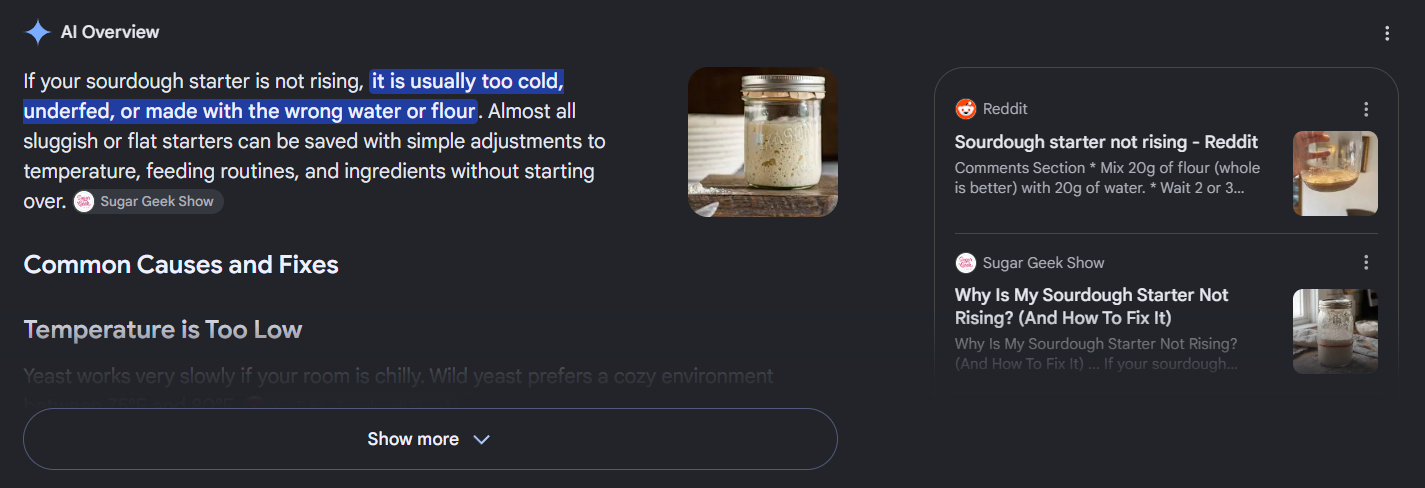 Google search results for the question why a sourdough starter is not rising. An AI Overview panel sits above the results: a generated answer with a highlighted phrase, a source chip, and two linked sources on the right.
