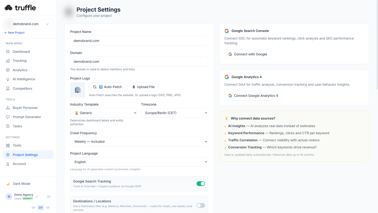 Truffle Project Settings with GSC and GA4 connectors